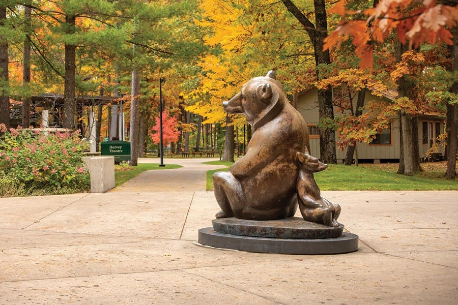 "Two Bears" bronze sculpture on the campus of Interlochen Center for the Arts