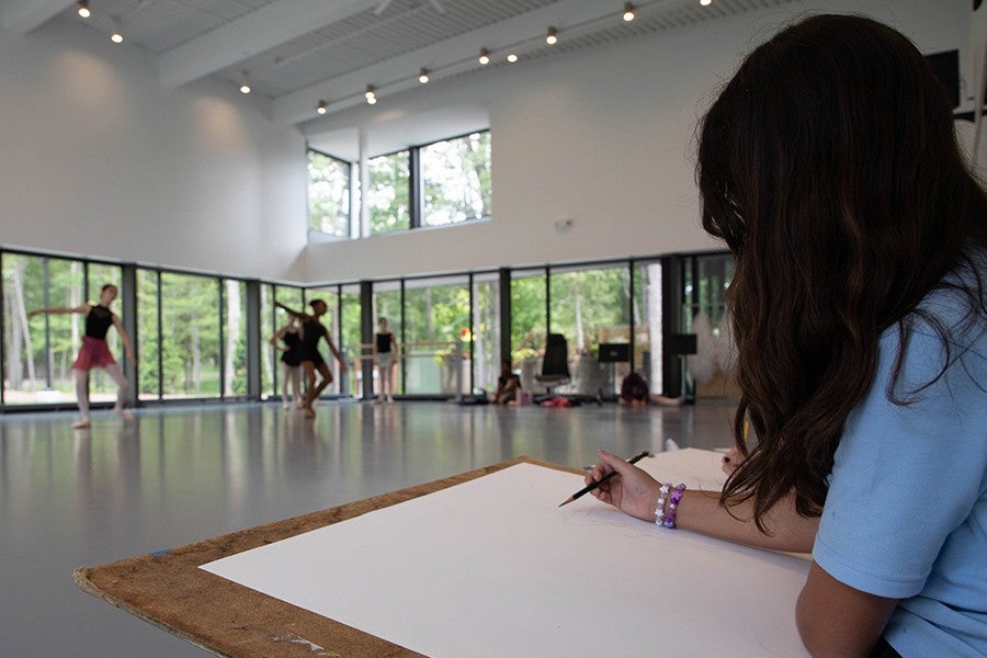 Intermediate drawing students practice life drawing during a dance class.