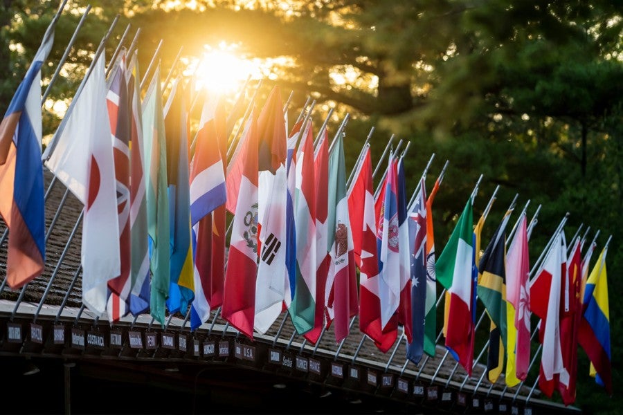 Flags outside Kresge Auditorium at Interlochen Center for the Arts