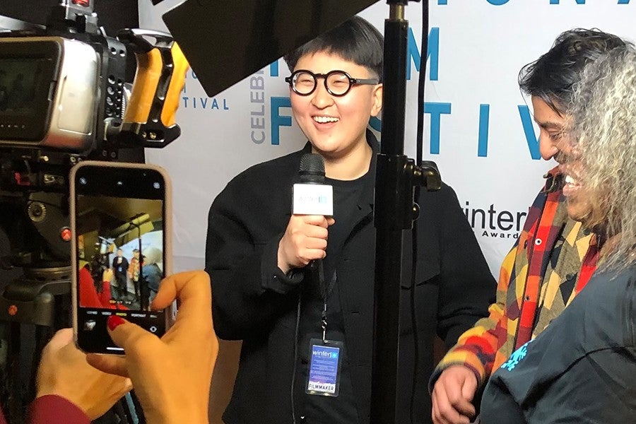 Sunny Liu talks with the media at a recent film festival appearance