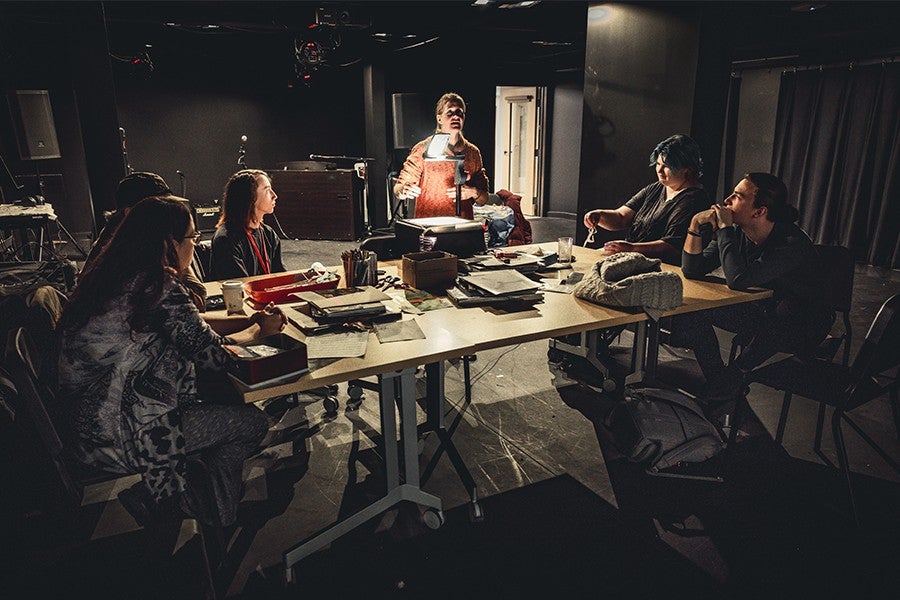 Herryman leads a workshop session in the Interdisciplinary Division's black-box theatre.