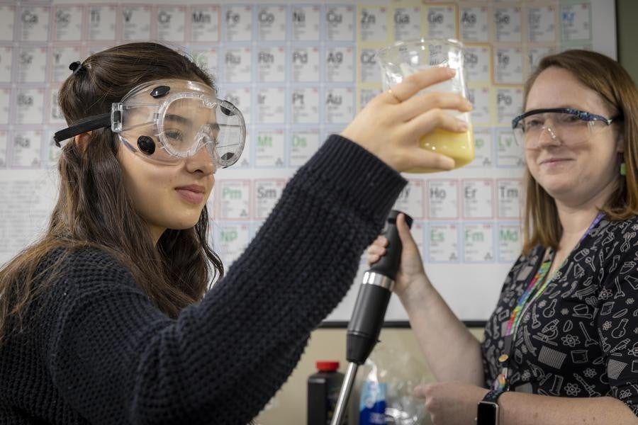 an Arts Academy student works with their chemistry teacher during class