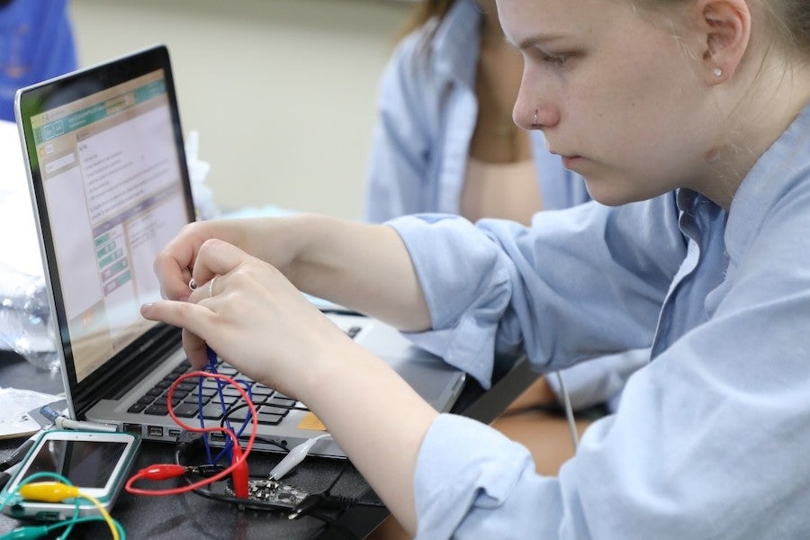 A student works on a project in computer science class