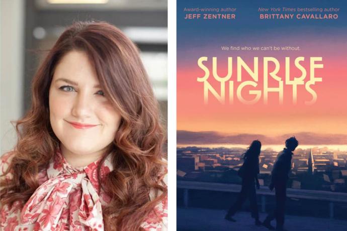A collage image of Bri Cavallaro's professional author photo alongside the cover of her book 'Sunrise Nights', which shows a boy and a girl walking together in front of a sunrise.
