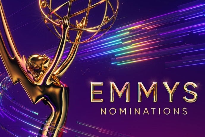 A purple graphic with the words "Emmys nominations" and a photo of the Emmy statuette