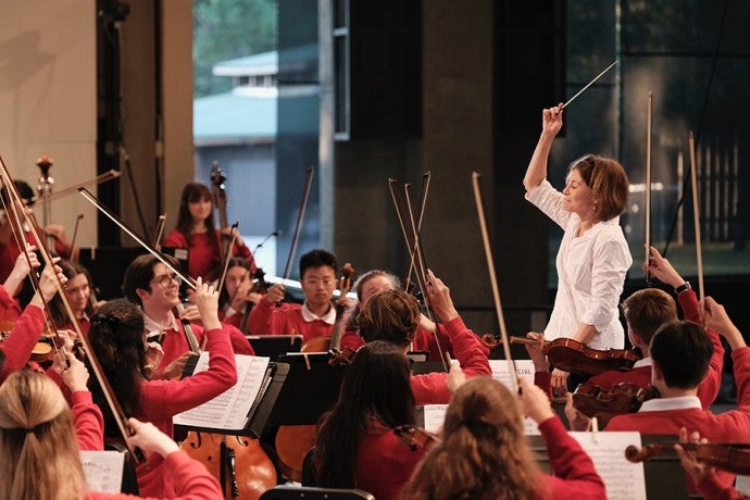JoAnn Falletta conducts a performance by the World Youth Symphony Orchestra during summer 2021.