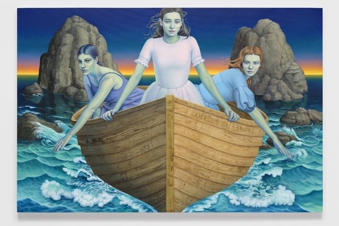 A painting depicts three women in a wooden boat navigating through waves near rocky islands during dawn or dusk.