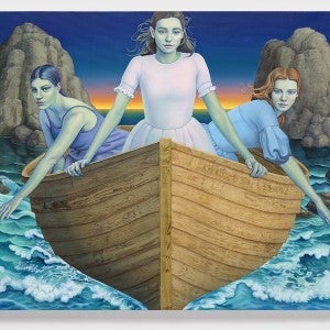 A painting depicts three women in a wooden boat navigating through waves near rocky islands during dawn or dusk.