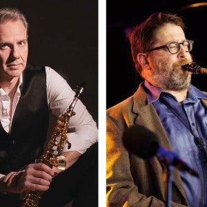 Portrait shots of Tim McAllister and Andrew Bishop with saxophones