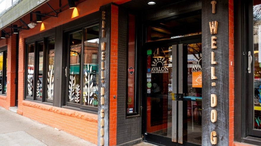  Exterior of Avalon Café and Kitchen with orange brickwork, large windows, and a double glass door entrance.