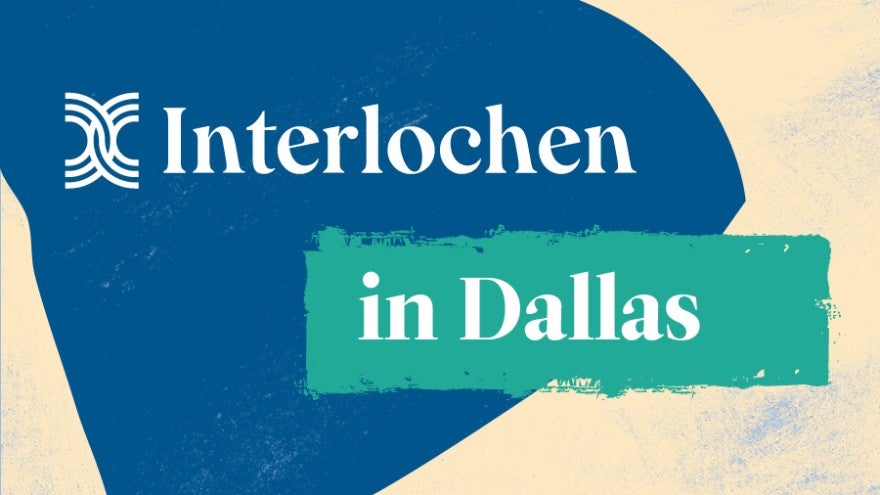 Rectangle with the Interlochen logo and "Dallas" in white letters on a dark blue, green, and cream background.