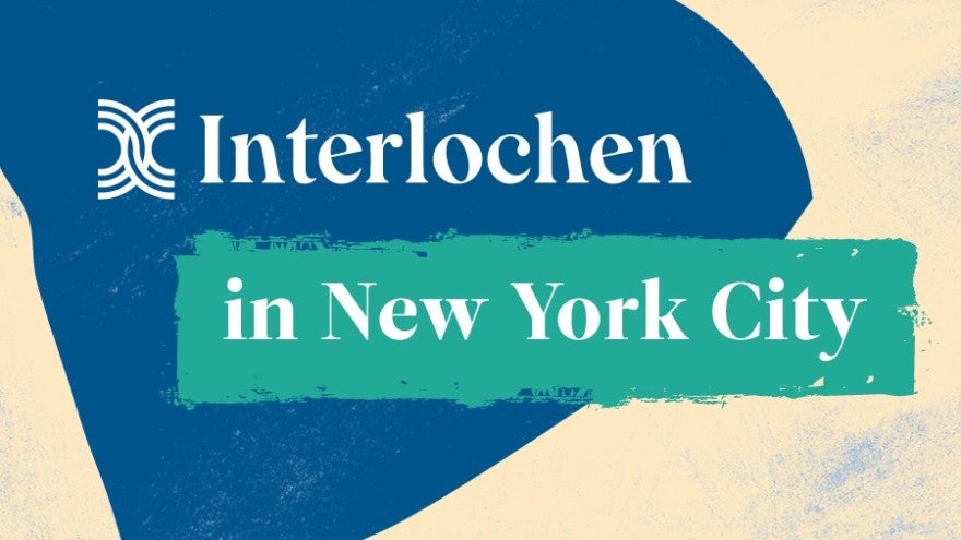 Rectangle with the Interlochen logo and "Interlochen in New York City" in white letters on a dark blue, green, and cream background.