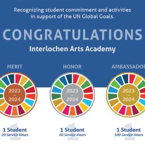 A graphic from the United Nations honoring Interlochen Arts Academy's Community Service Impact Award winners.